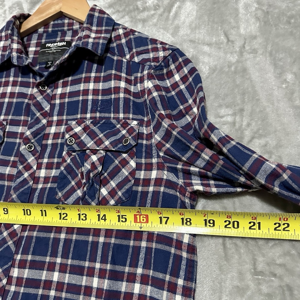 Triumph Motorcycles Womens Flannel Shirt Sz S Blue Plaid Button Up Biker Cotton - Picture 5 of 9
